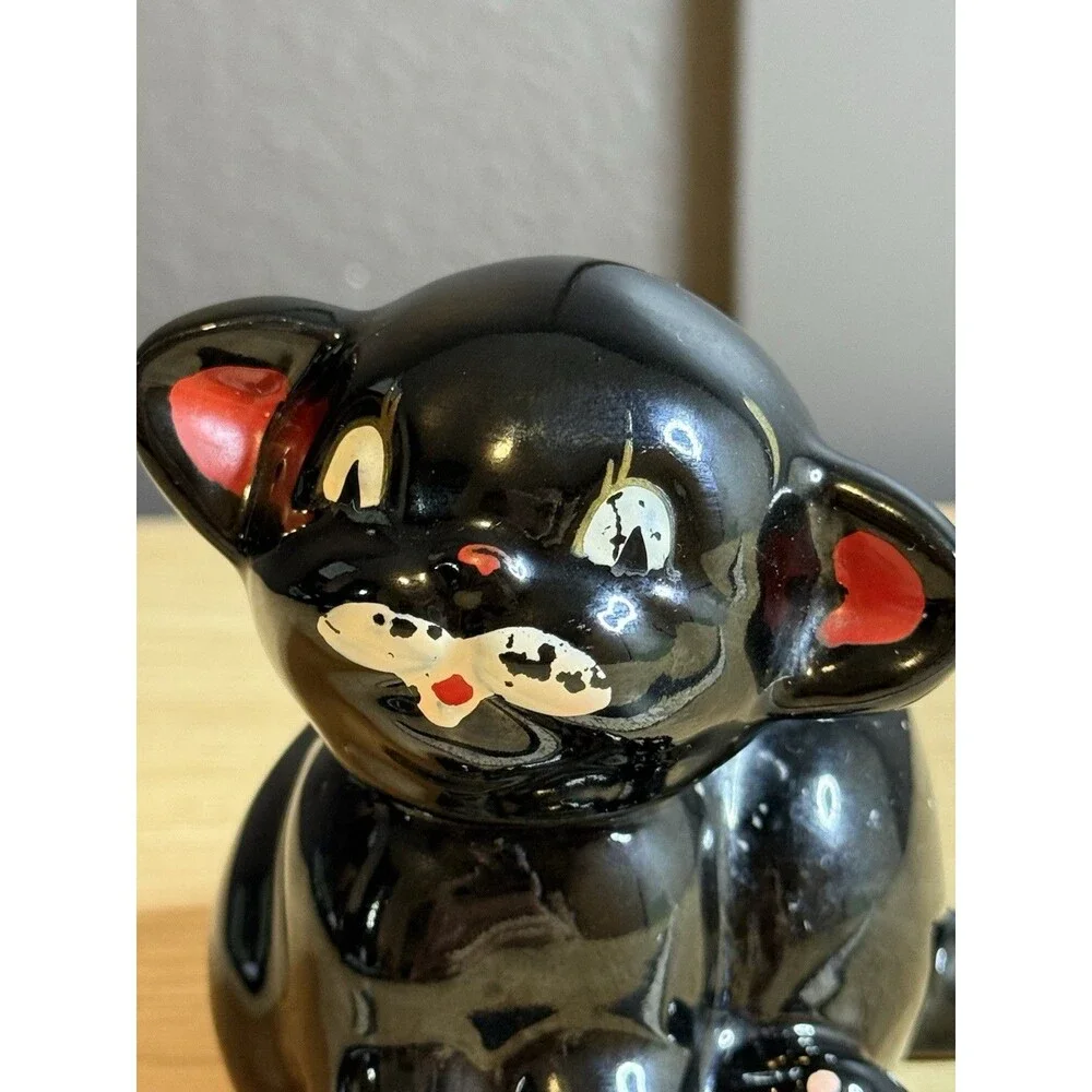 Vtg Redware Black Cat Figurine Candle Holder Kitschy Japan MCM Big Eye Halloween